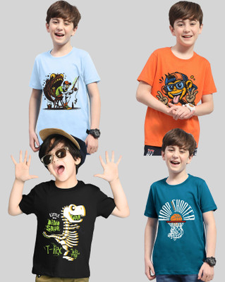 ENITOR Boys Printed Cotton Blend Regular T Shirt(Dark Blue, Orange, Pack of 4)