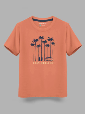 Hellcat Boys Typography Cotton Blend Regular T Shirt(Orange, Pack of 1)