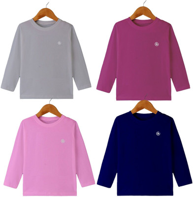 DIAZ Boys & Girls Solid Cotton Blend Regular T Shirt(Multicolor, Pack of 4)