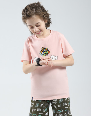 MONTE CARLO Boys Printed Cotton Blend Regular T Shirt(Pink, Pack of 1)
