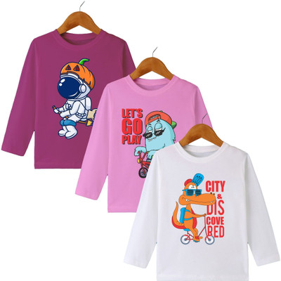 MYO Boys & Girls Printed Cotton Blend Regular T Shirt(Multicolor, Pack of 3)