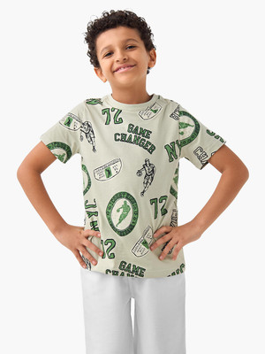 JUNIORS by Babyshop Boys Printed Pure Cotton Regular T Shirt(Green, Pack of 1)