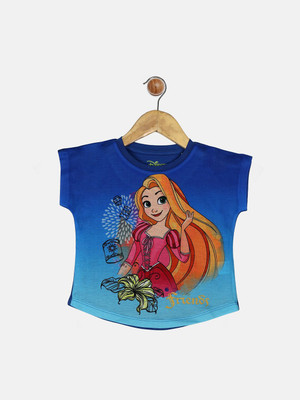 YK Disney Girls Graphic Print Pure Cotton Regular T Shirt(Blue, Pack of 1)