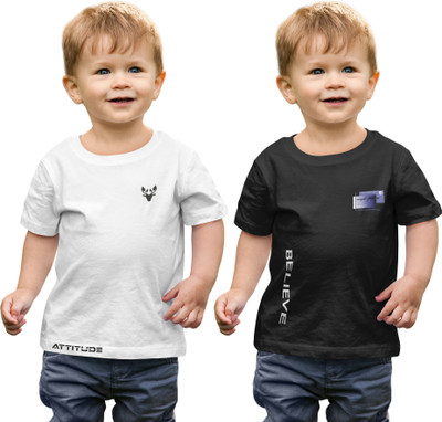 Dee Laef Boys Printed Cotton Blend Regular T Shirt(Black, White, Pack of 2)
