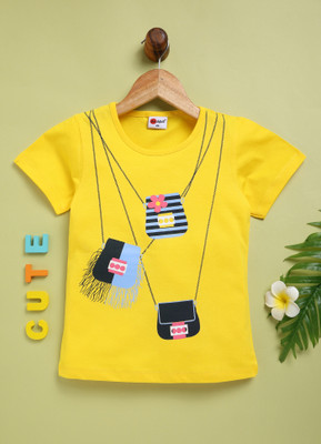 Mars Infiniti Girls Graphic Print Pure Cotton Regular T Shirt(Yellow, Pack of 1)