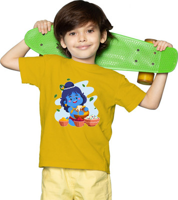 BRATMA Boys Printed Pure Cotton Regular T Shirt(Yellow, Pack of 1)
