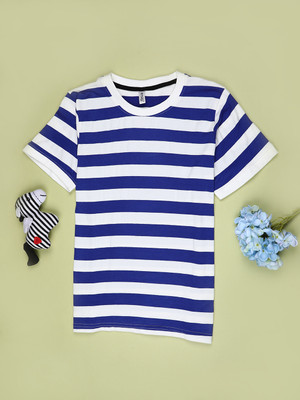 V-MART Boys Striped Cotton Blend Regular T Shirt(Blue, White, Pack of 1)