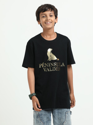 estuna Boys Printed Pure Cotton Regular T Shirt(Black, Pack of 1)