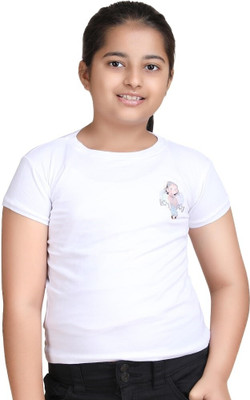 GALAD Girls Printed Cotton Blend Regular T Shirt(White, Pack of 1)