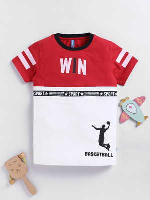 Here&Now X Game Begins Boys & Girls Colorblock Cotton Blend Oversized T Shirt(Red, White, Pack of 1)
