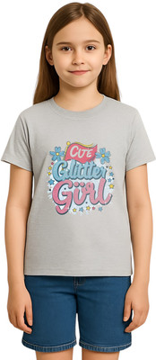 Shonisha Girls Printed Pure Cotton Regular T Shirt(Grey, Pack of 1)