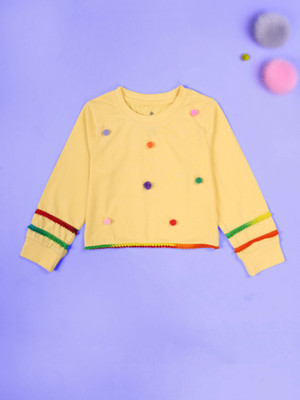 KiddoPanti Girls Embroidered Pure Cotton Regular T Shirt(Yellow, Pack of 1)