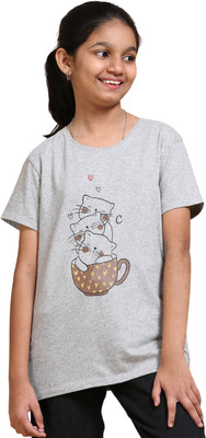 estuna Girls Graphic Print Pure Cotton Regular T Shirt(Grey, Pack of 1)