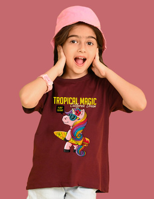 Nusyl Girls Graphic Print Cotton Blend Oversized T Shirt(Maroon, Pack of 1)