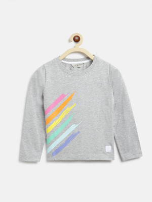 TALES & STORIES Baby Girls Printed Pure Cotton Regular T Shirt(Grey, Pack of 1)