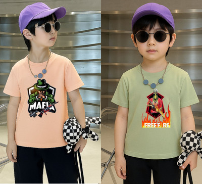 Lecowar Boys Printed Polyester Regular T Shirt(Pink, Green, Pack of 1)