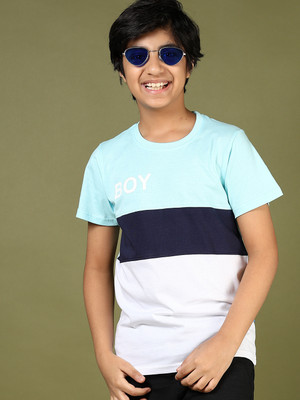 V-MART Boys Colorblock Cotton Blend Regular T Shirt(Blue, Pack of 1)