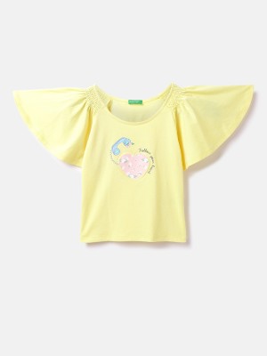 United Colors of Benetton Baby Girls Printed Pure Cotton T Shirt(Yellow, Pack of 1)