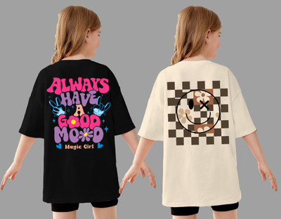 KEESOR Girls Printed Cotton Blend Oversized T Shirt(Multicolor, Pack of 2)