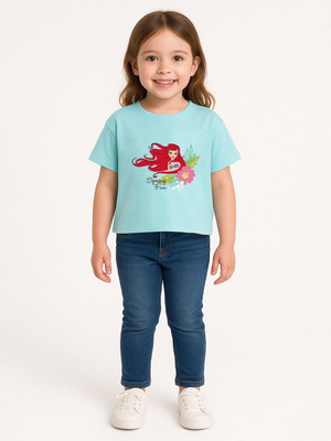 YK Disney Girls Printed Pure Cotton Regular T Shirt(Blue, Pack of 1)