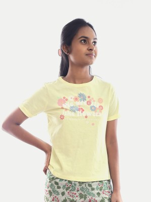 radprix Girls Printed Pure Cotton T Shirt(Yellow, Pack of 1)