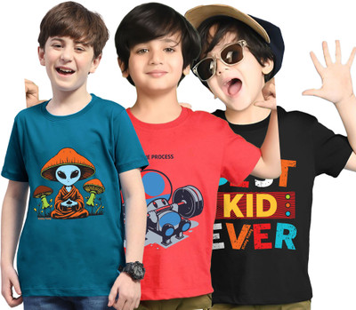 Kiddy Viddy Boys Printed Cotton Blend Regular T Shirt(Red, Dark Blue, Pack of 3)
