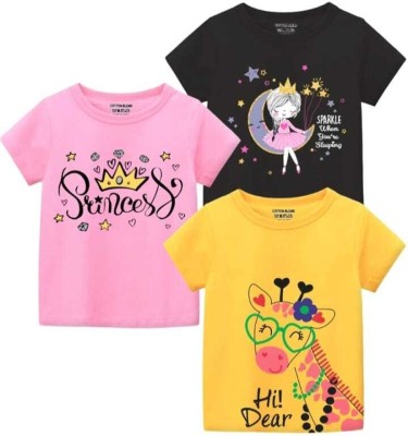 M Queen Girls Printed Cotton Blend Regular T Shirt(Multicolor, Pack of 3)