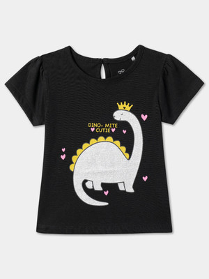 R&B Baby Girls Graphic Print Pure Cotton Regular T Shirt(Black, Pack of 1)