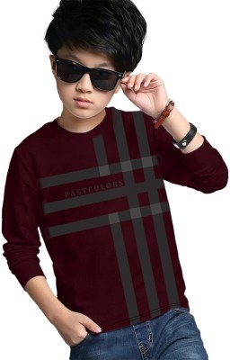 FastColors Boys Striped Cotton Blend T Shirt(Maroon, Pack of 1)
