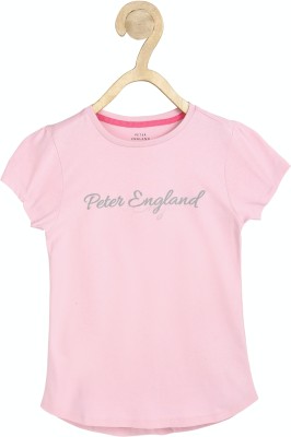 PETER ENGLAND Girls Typography Pure Cotton Regular T Shirt(Pink, Pack of 1)