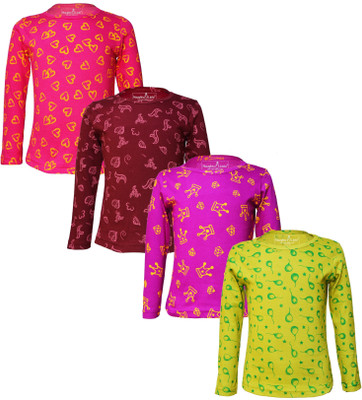 Eazy Trends Girls Printed Pure Cotton Regular T Shirt(Multicolor, Pack of 4)