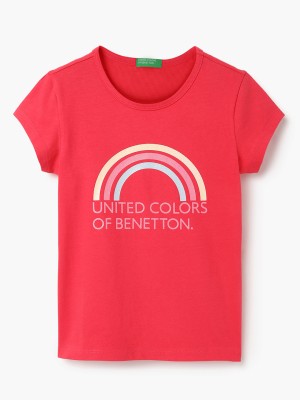 United Colors of Benetton Baby Girls Typography, Printed Pure Cotton T Shirt(Red, Pack of 1)