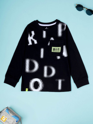 Kiddo Paanti Boys Printed Pure Cotton Regular T Shirt(Black, Pack of 1)