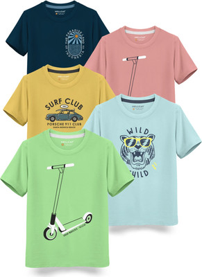 Hellcat Boys Printed Cotton Blend Regular T Shirt(Green, Pack of 5)