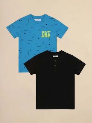 Alan Jones Boys Printed Cotton Blend Regular T Shirt(Blue, Black, Pack of 2)