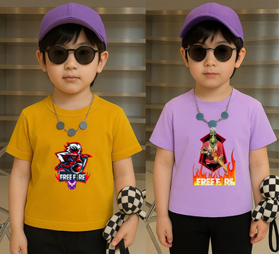 Lecowar Boys Printed Polyester Regular T Shirt(Yellow, Purple, Pack of 1)