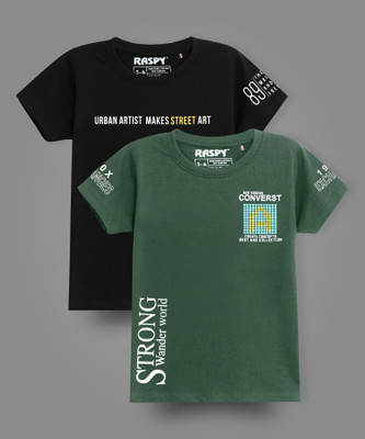 RASPY Boys Printed Pure Cotton Regular T Shirt(Black, Green, Pack of 2)