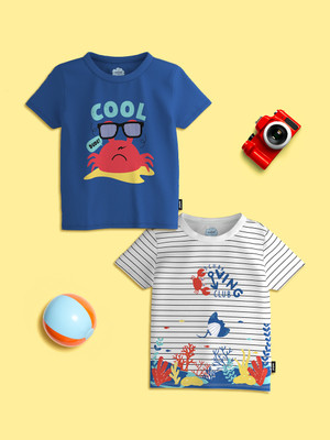 NautiNati Baby Boys Graphic Print Pure Cotton Regular T Shirt(White, Pack of 2)