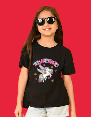 Nusyl Girls Graphic Print Cotton Blend Oversized T Shirt(Black, Pack of 1)