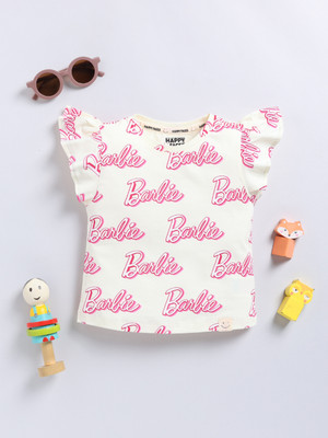 Happy Faces Girls Typography, Printed Pure Cotton Regular T Shirt(Beige, Pack of 1)