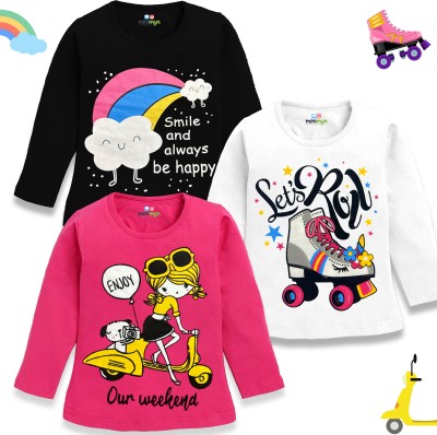 MINI MYN Girls Graphic Print Cotton Blend T Shirt(Multicolor, Pack of 3)