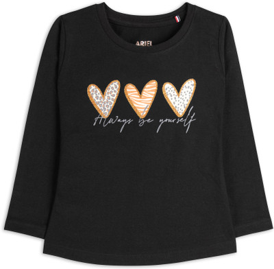 Ariel Girls Printed Pure Cotton Regular T Shirt(Black, Pack of 1)