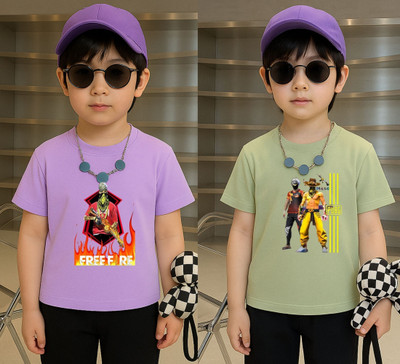 Lecowar Boys Printed Polyester Regular T Shirt(Purple, Green, Pack of 1)