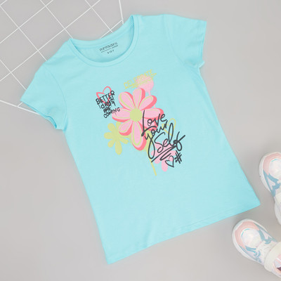 Pantaloons Junior Girls Solid Cotton Blend Regular T Shirt(Light Blue, Pack of 1)