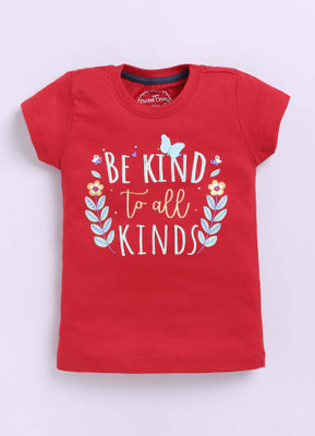 Parrot Crow Girls Printed Pure Cotton Regular T Shirt(Red, Pack of 1)