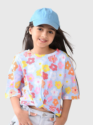 BONKIDS Girls Printed Pure Cotton Regular T Shirt(Blue, Pack of 1)