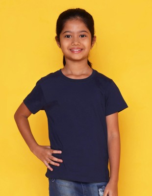 Nusyl Girls Solid Cotton Blend T Shirt(Blue, Pack of 1)