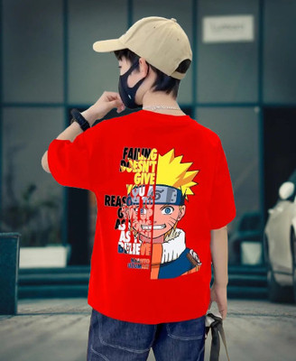 BuckleMen Boys Printed Pure Cotton Oversized T Shirt(Red, Pack of 1)