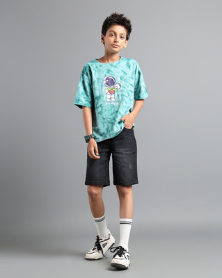 Under Fourteen Only Boys Graphic Print Pure Cotton Regular T Shirt(Green, Pack of 1)