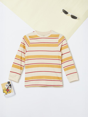 MAX Boys Striped Pure Cotton Regular T Shirt(Beige, White, Pack of 1)